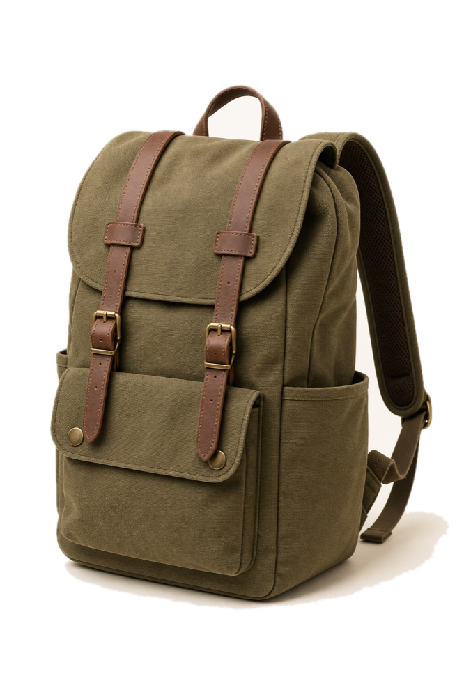 Olive canvas backpack with leather straps