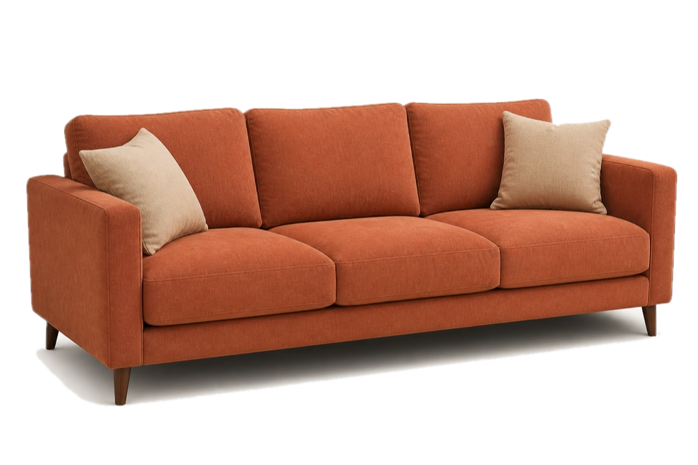 Terracotta three-seat sofa with pillows