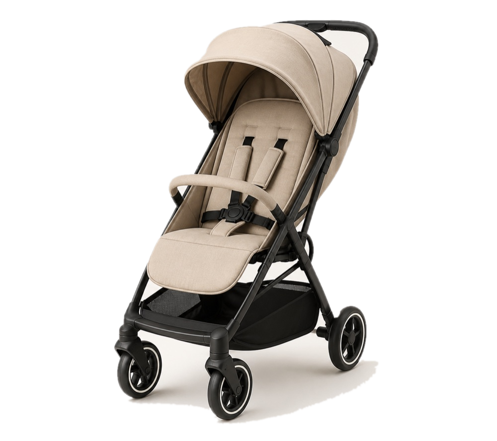 Beige baby stroller with black frame