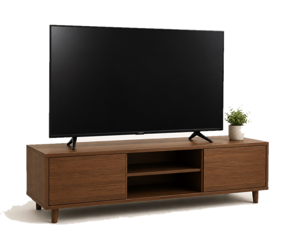 Smart TV on a wooden media console